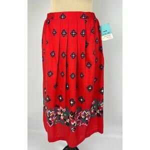 Vintage Red Midi Skirt Eclectic Boho Folk Floral Kitsch Prairie Retro Pleated L
